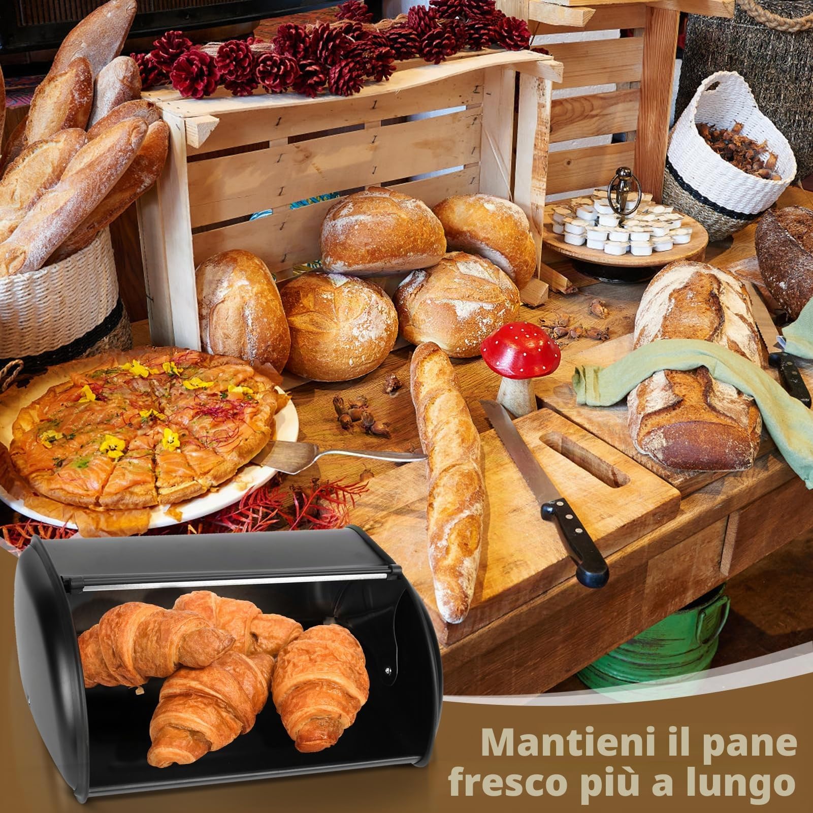 Pilipane Portapane in Acciaio Inossidabile con Coperchio Scorrevole, Contenitore Pane Moderno Antiscivolo, Grande Capacità 34x23x14.5 cm per Cucina/Tavola, Ideale per Pane Fresco e Fette Biscottate