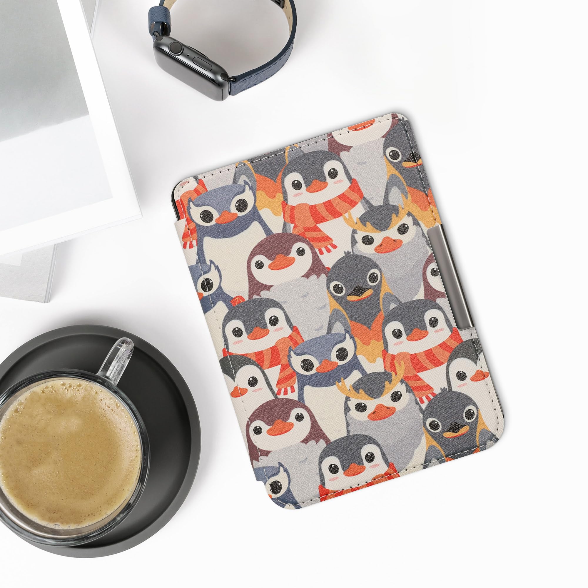 kwmobile Case Compatible with Kobo Clara 2E / Tolino Shine 4 Case - eReader Cover - Penguins Grey/Yellow/Brown - Image 2