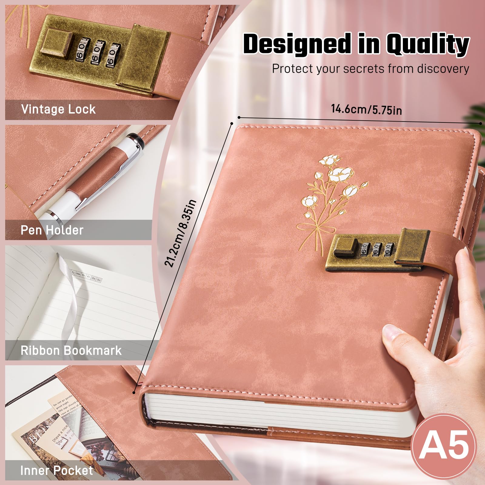 Ovesmusl Tagebuch mit Schloss für Mädchen, A5, Leder-Tagebuch für Damen, 260 Seiten, 100 g/m², nachfüllbares Tagebuch mit Schloss für Teenager, Geheimnisse, Blumen-Tagebücher mit
