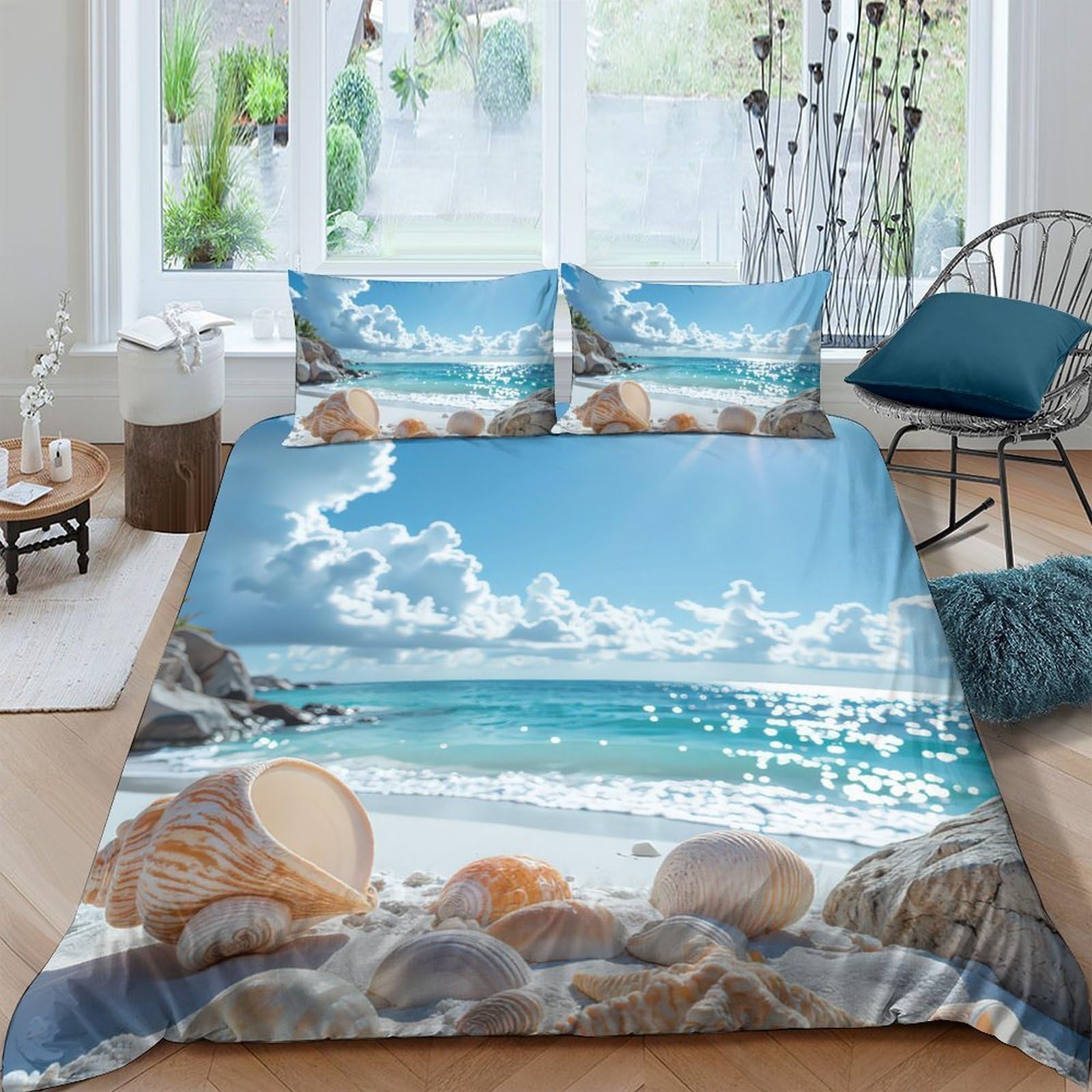 Ctjqhvkz Style-1 3D Printed Ocean Beach Fitted Sheet Microfiber Soft Bedroom Decor Seashell Bed Cover For Home Guest Room Single（135X200cm）