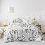 SUSYBAO Summer Botanical Duvet Cover Queen 100% Cotton 3 Pieces Set 1 Blue Floral Ruffled Duvet Cover with Zipper Ties 2 Pillow Shams Farmhouse Soft White Plant Ruffle Bedding Set Breathable