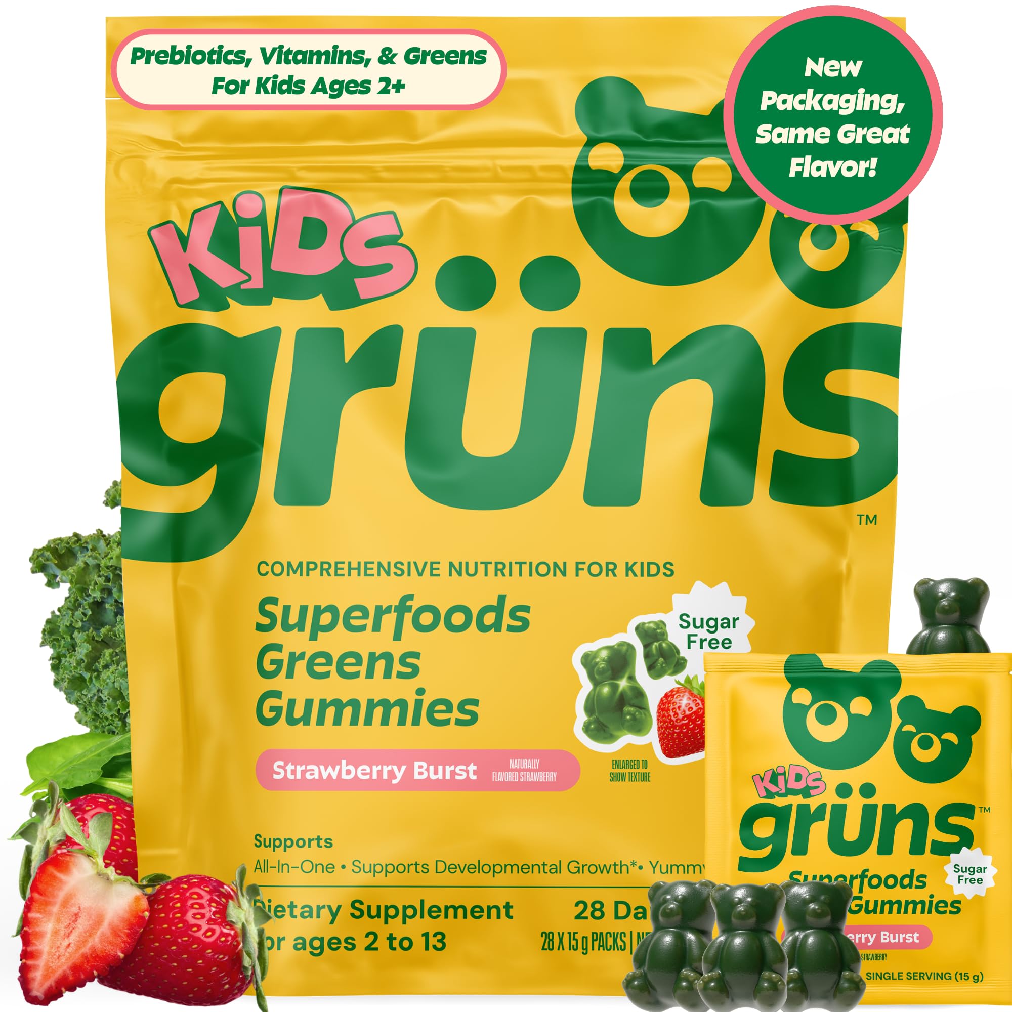 - Gruns Multivitamin for Kids, Sugar-Free, Super Greens Superfood Gummy Bears with 20 Vitamins & Minerals, Alfalfa, Spirulina, Chlorella, Prebiotics Fiber for Digestive Health, Adaptogens, 28 ct