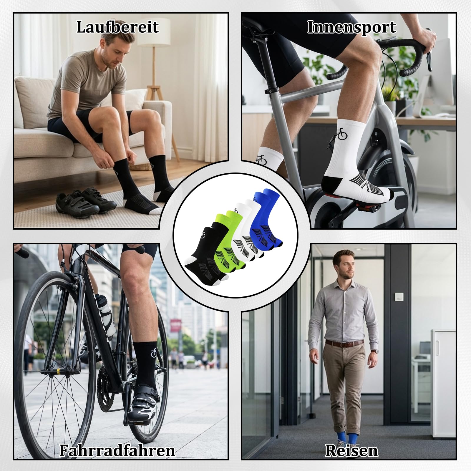 4 Stück Fahrrad Socken, Fahrradsocken Herren, Radsocken Herren, Socken Set in Weiß Schwarz Neon Grün Blau, Atmungsaktive Socken für Radfahren