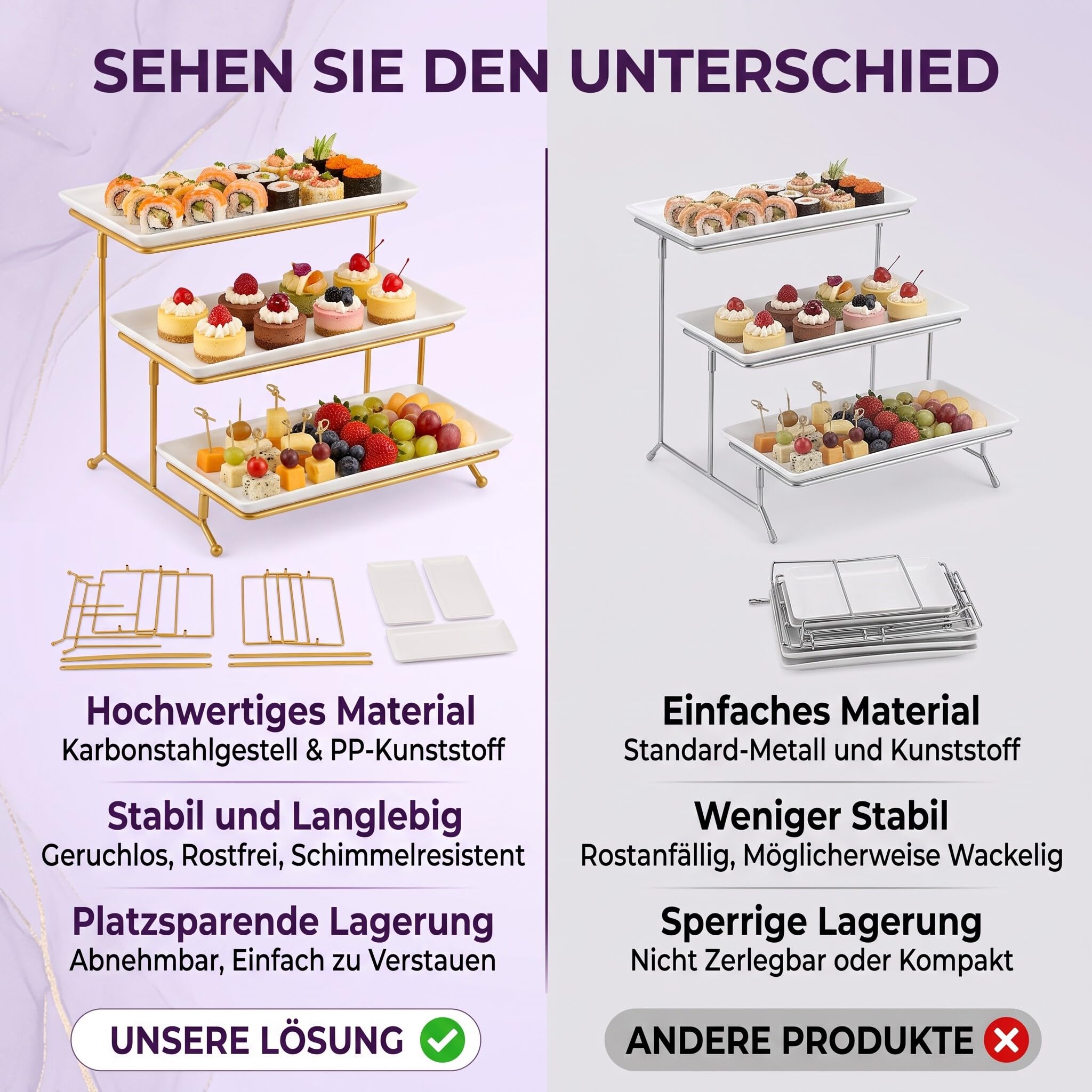 Plateau de Service à 3 Niveaux, Grands Plateaux de Service Détachables et Peu Encombrants, Support Polyvalent, avec Base en Acier au Carbone pour Présentation de Cupcakes