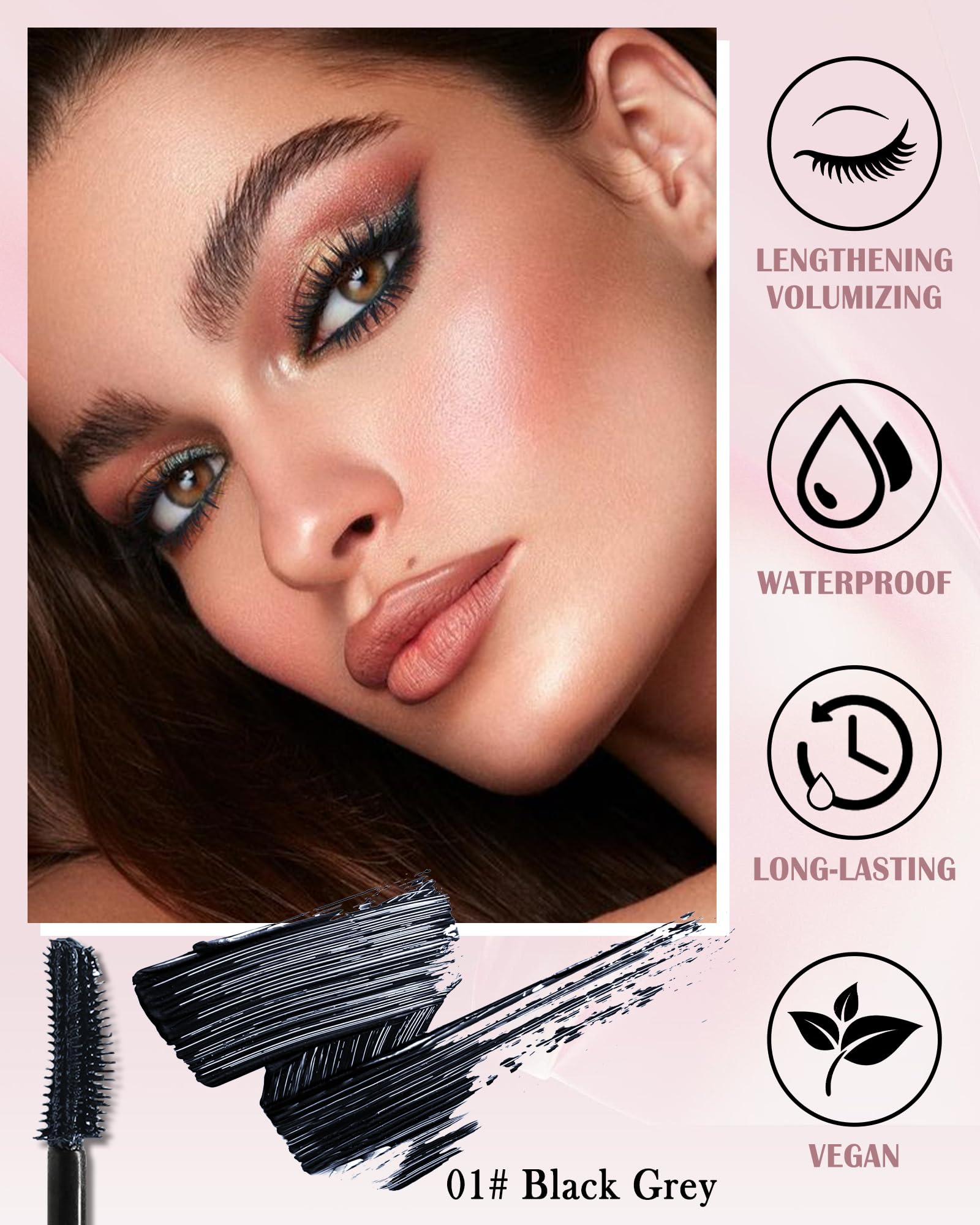Black Grey Waterproof Mascara, Liquid Lash Extensions Mascara with Dual-Sided Brush - Image 2