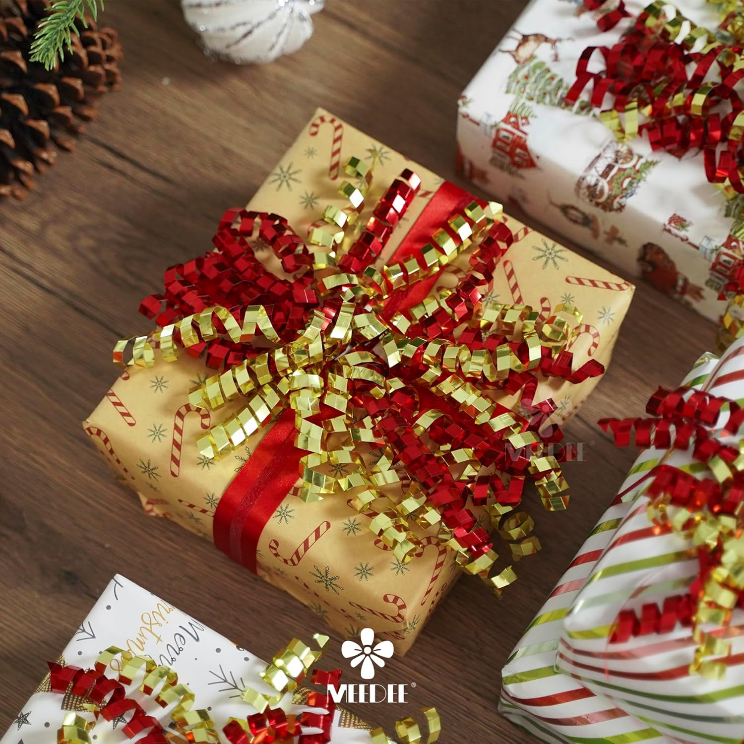 MEEDEE 6 Inch Red and Gold Self-Adhesive Christmas Bows, Crimped Curly Ribbon Gift Bows for Gift Wrapping Paper, Bags, and Boxes – Holiday, Everyday, and All-Occasion Decorations (12 Count) - Image 5