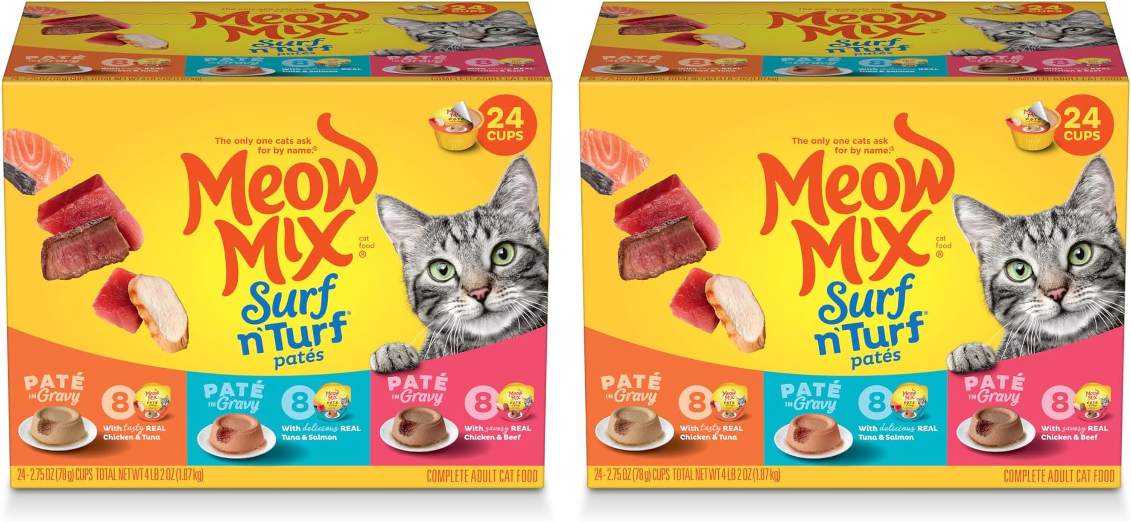 Meow Mix Patรฉ in Gravy Wet Cat Food Variety Pack, Surf nโ Turf Patรฉs, 48 Cups, 2.75 Oz. Each