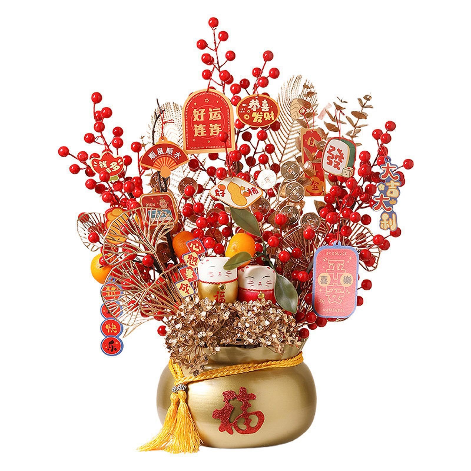 LIXSAZSE Feng Shui Ornament Bonsai Featuring Chinese New Year Artificial Flower Gift For Celebrating Spring Festival 2025 Feng Shui Ornament Bonsai Artificial, Golden Pot, 50x60cm