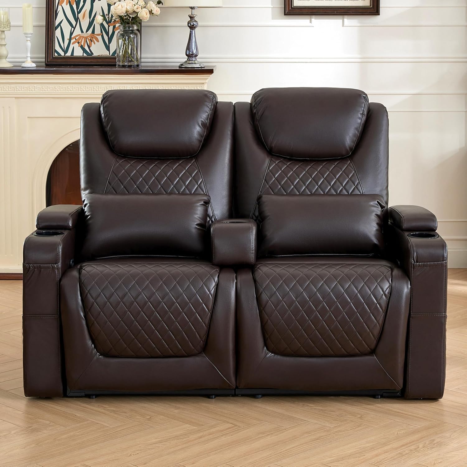 Recliner Loveseat Sofa, PU Leather Recliner Couch with Cup Holders and 2 Pillows, 135° Reclining Chair & Wall Hugger Recliners for Living Room, Home Theater, RV, (Brown)