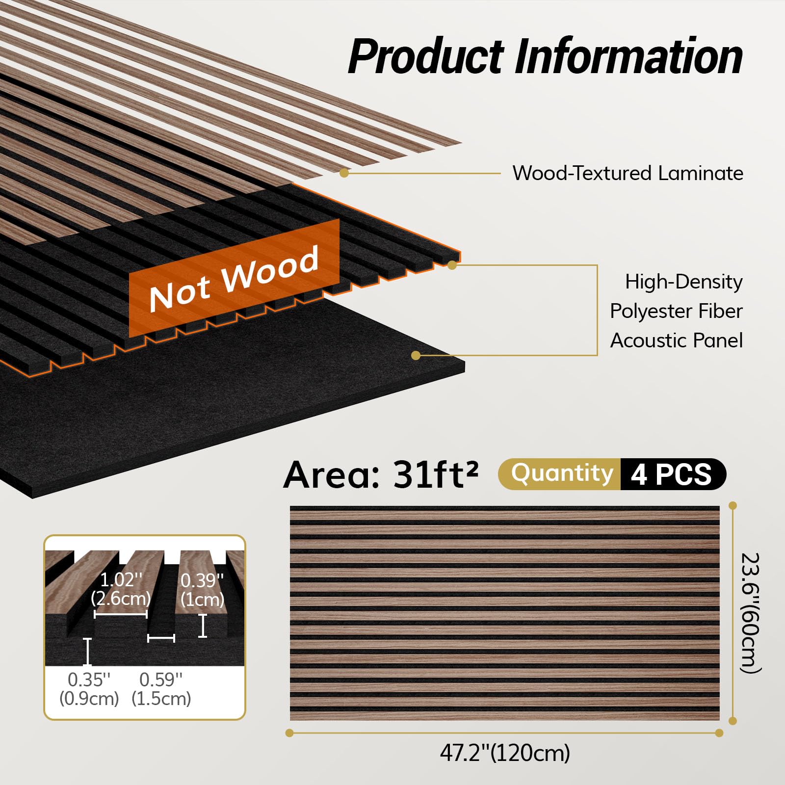 TONOR Paneles 3D Acusticos de Madera Autoadhesivo, Pack 4 Aislante Acustico Decorativo, 120x60x1,9 cm Insonorizacion Acustica Pared, Doble Capa Palilleria Insonorizar para Absorción de Eco, Brown