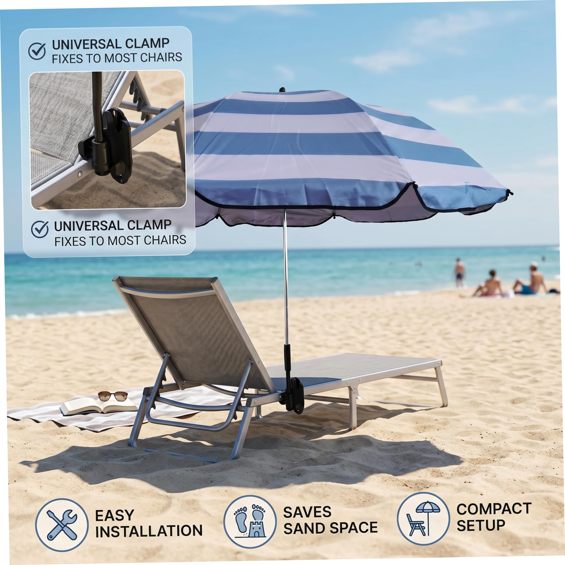 Paraguas con Clip para Silla, Paraguas para Silla de Playa con Abrazadera Segura, 21 Pulgadas..