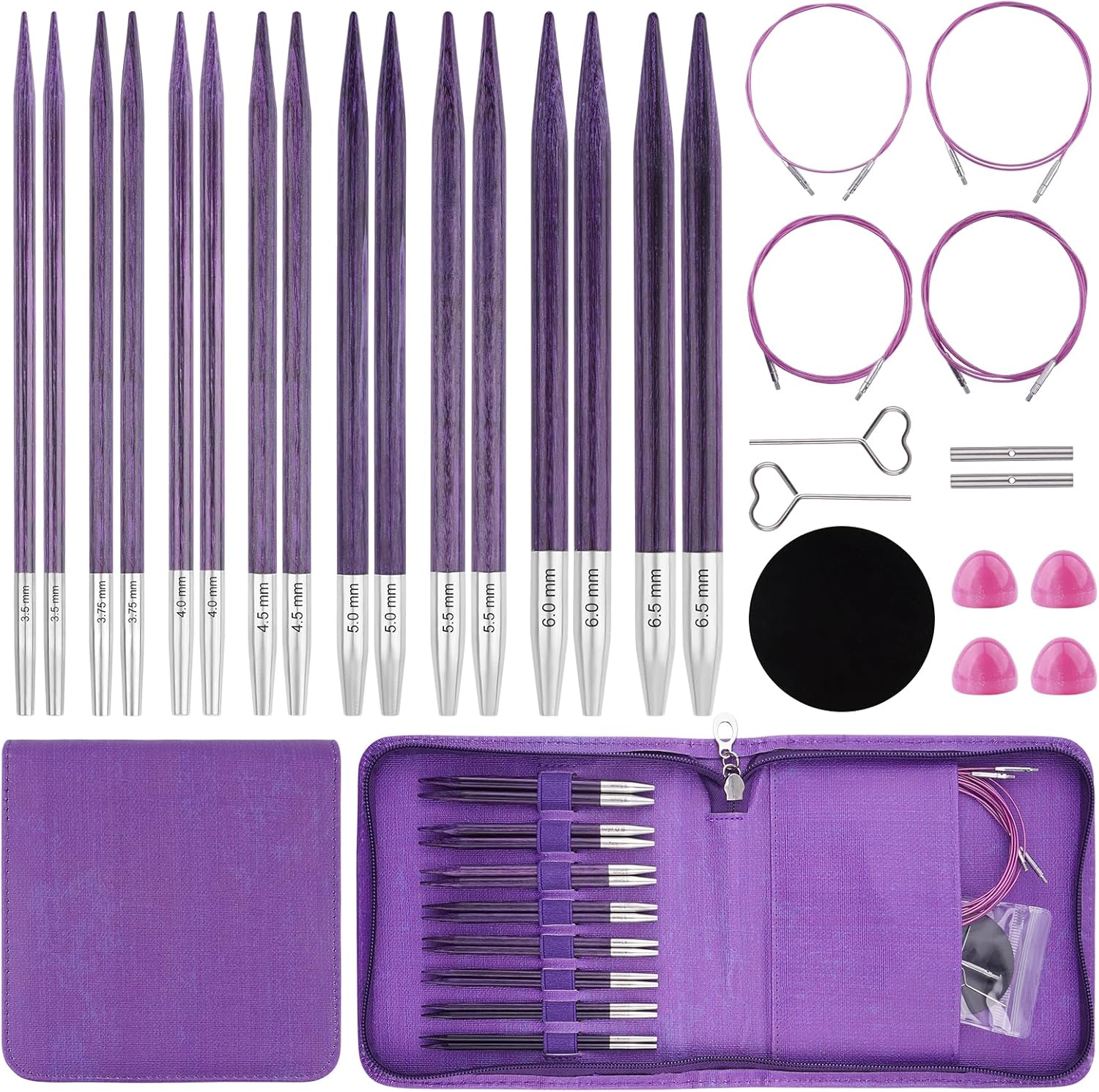 BsHooker Interchangeable Circular Knitting Needles Set with Case,3.5mm-6.5mm Birch Wood Knitting Needles Set with Cables,Complete Accessories