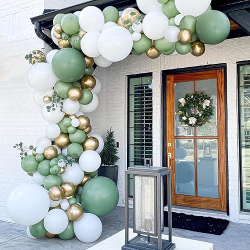 Kit de arco de guirnalda de globos de color verde salvia, globos de oro blanco, globos verdes de diferentes tamaños, globos verdes y vegetación para