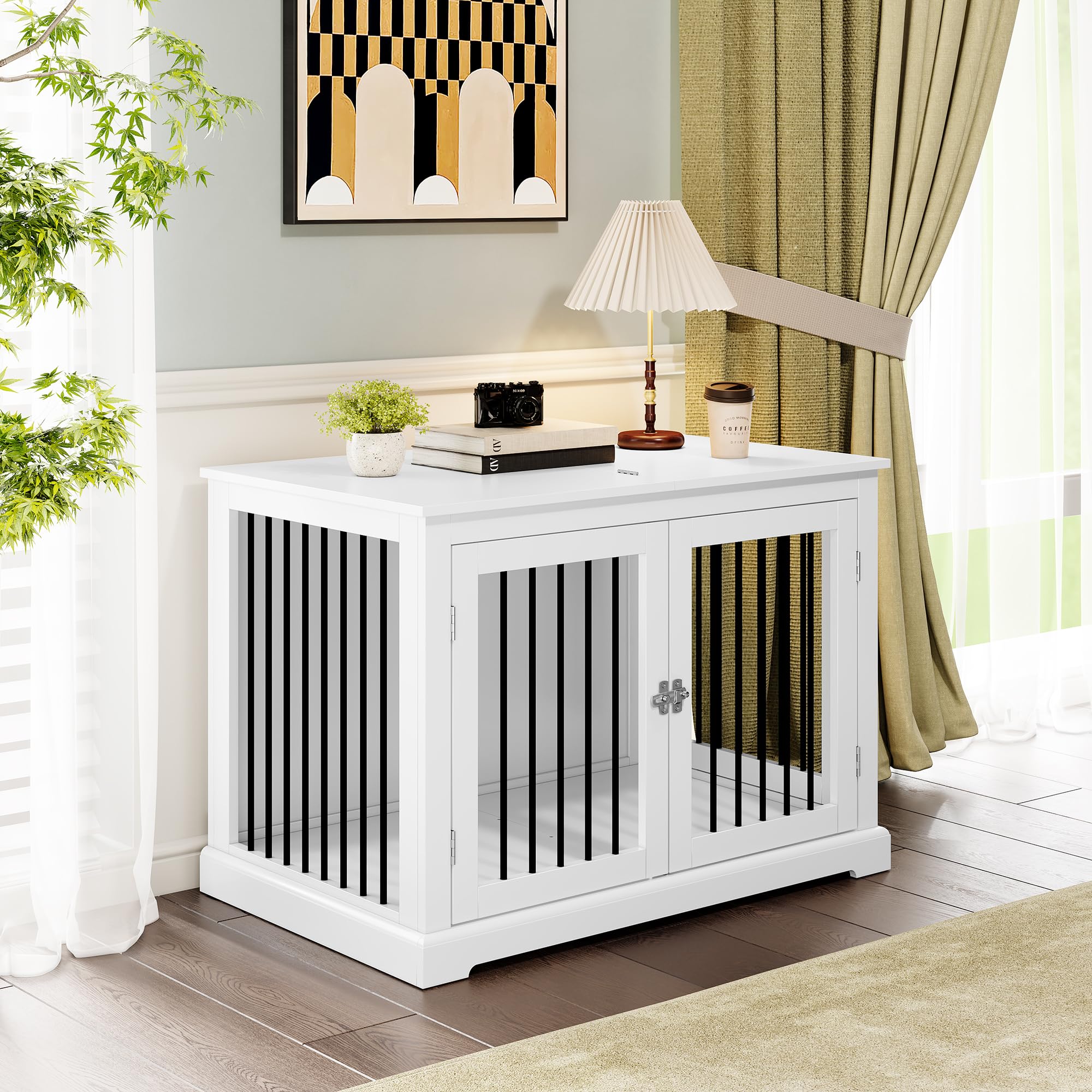 HOLTICO Mueble Jaula para Perros Grandes,Tapa Abatible,Tubos de Metal Antimordeduras,Doble Puerta,Incluye Cojín,Interiores,Mesa Auxiliar Salón,98x71.2x79cm,Blanco