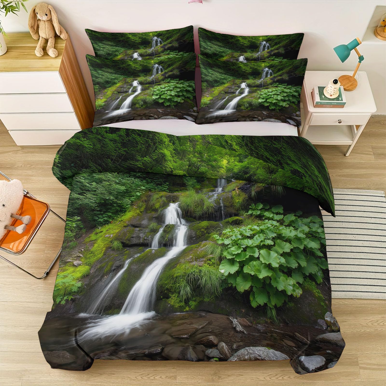Biancheria da letto con cascata, fiume, piante tropicali, muschio, 180 x 200 cm, copripiumino fotografico verde, copripiumino reversibile in microfibra di alta qualità, per persone allergiche, con