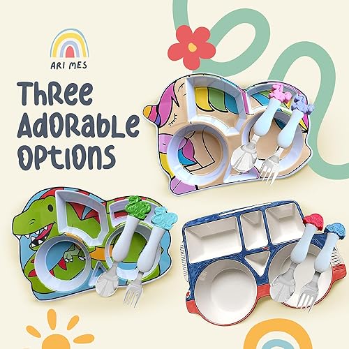 Miniatura 6 de ARI MES - Placa dividida para niños pequeños con cuchara y tenedor - Divertido, sin BPA, resistente a los golpes, ligero, juego de vajilla para