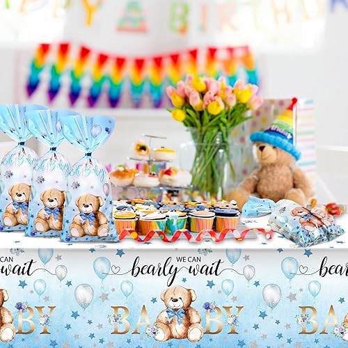 Miniatura 5 de Paquete de 100 bolsas de regalo de oso para baby shower oso de peluche azul celofán bolsas de plástico para regalo con 100 lazos metálicos