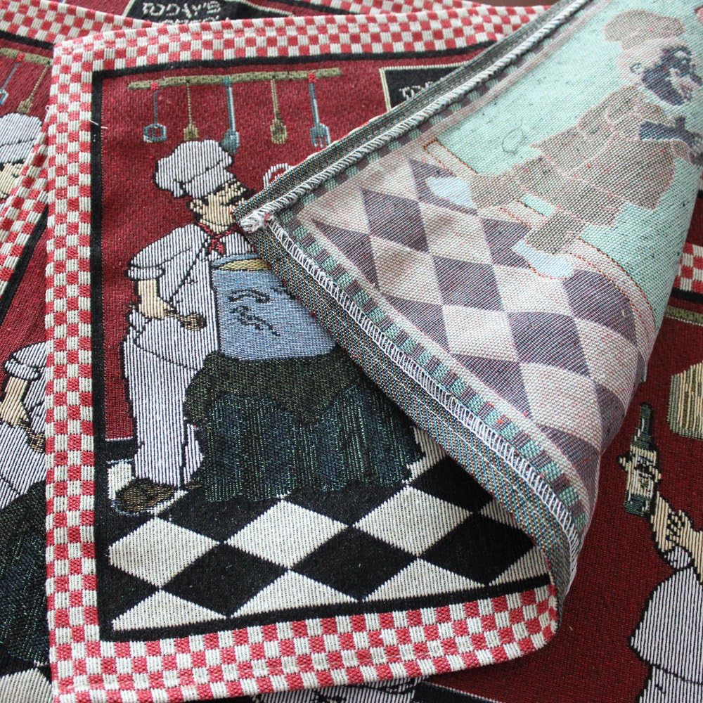 KEPSWET Cotton Linen Chef 1 Table Runner and 4 Placemats Value Pack for Dining Table Kitchen Accessories Table Mats Set (Red)