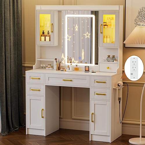 Miniatura 2 de NUNU LAB Tocador de maquillaje con espejo y luces, mesa de tocador blanca con estación de carga, tocador de maquillaje con gabinetes RGB y 7 2-043