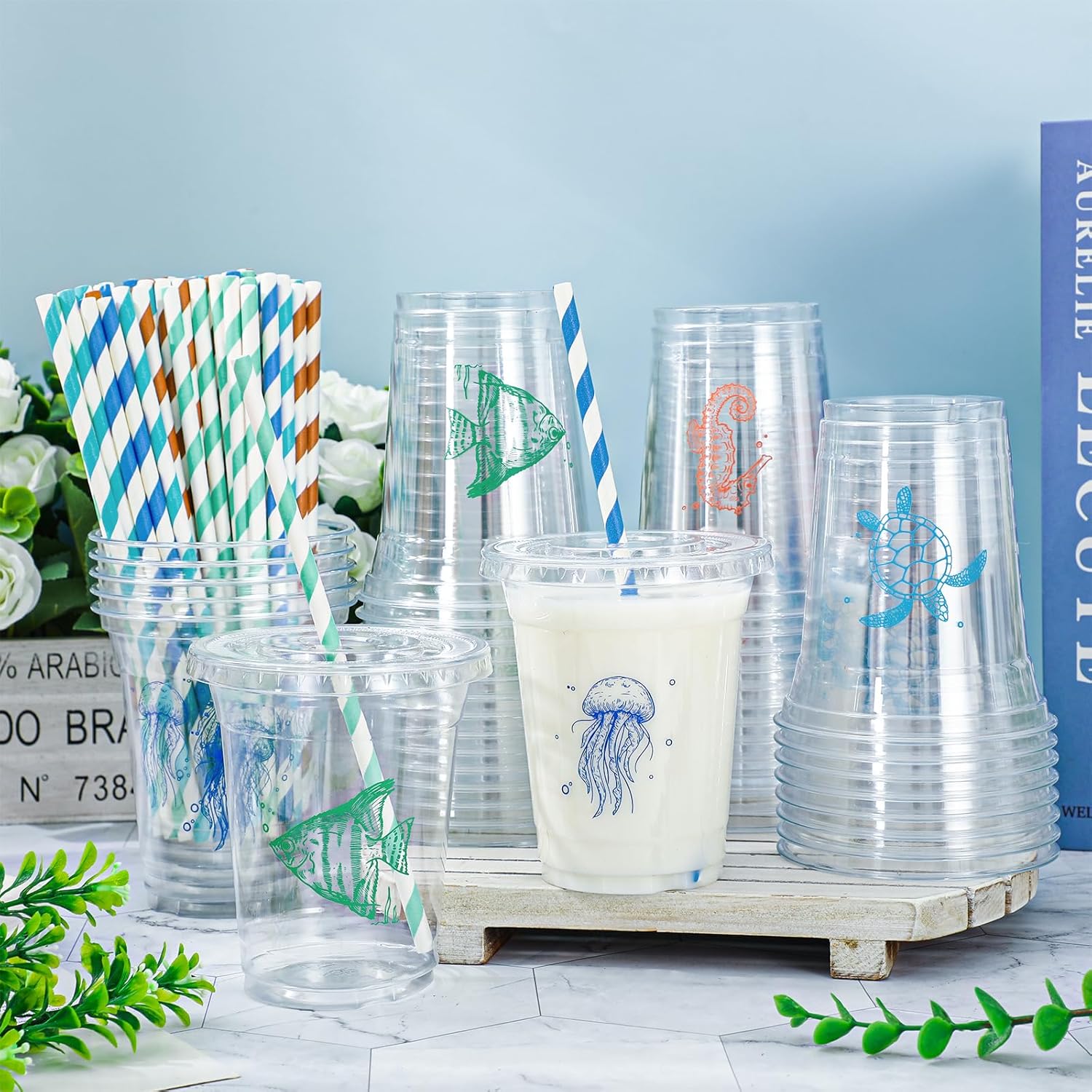 60Pcs 12Oz Ocean Animal Plastic Cups with Lids & Straws Under The Sea Disposable Clear Drinking Cups for Summer Birthday Baby Shower Party Supplies - Image 4