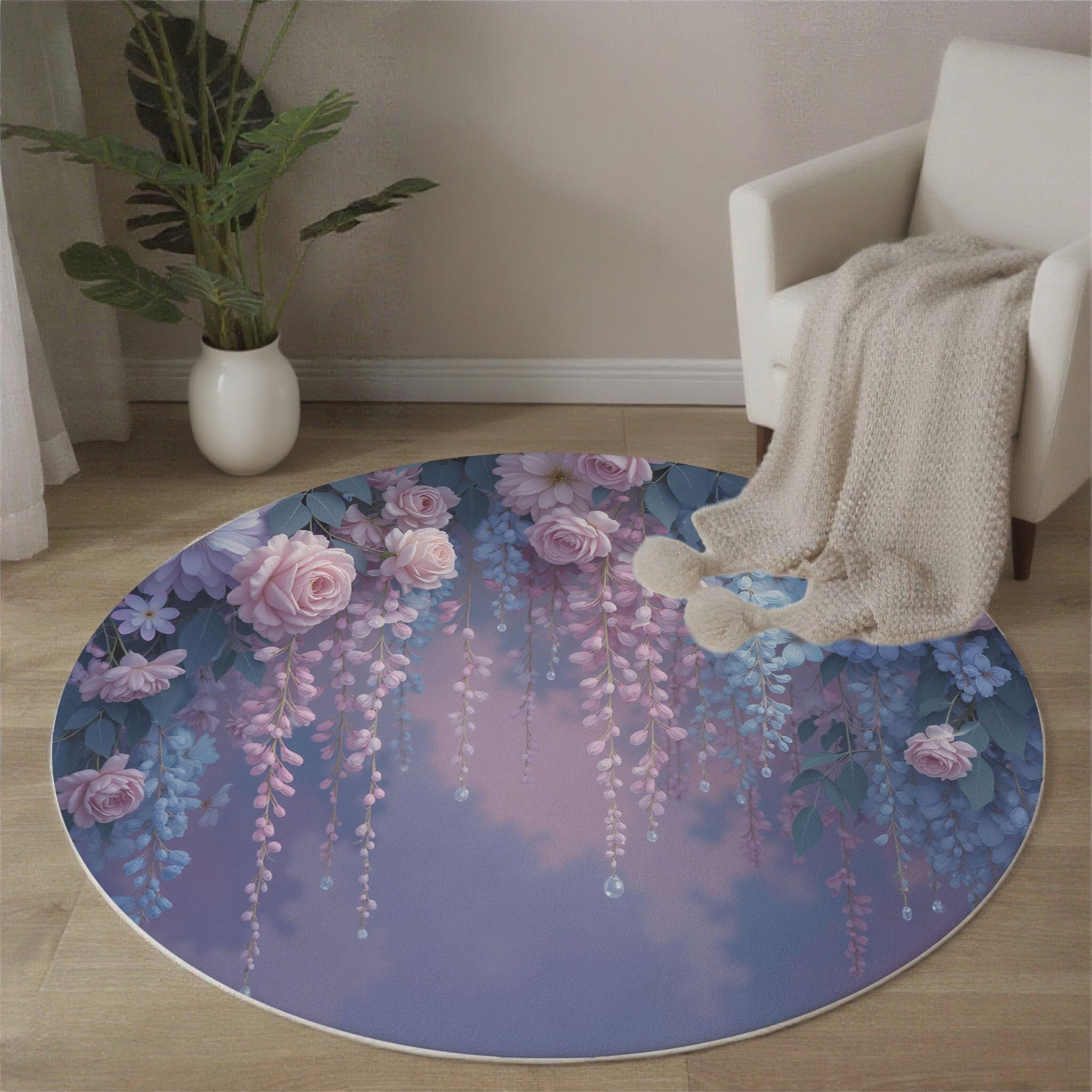Tapis rond 120cm poils courts violet lavable antidérapant salon