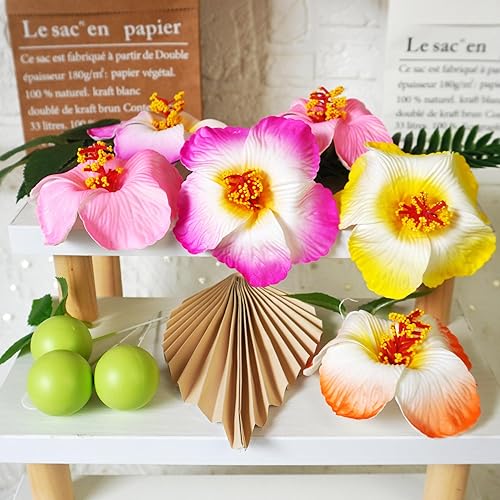 Miniatura 10 de 23 piezas de decoración de pastel de flores hawaianas con hojas de palma, hibisco, bolas de flores para Hawaii, Aloha, selva, temática de verano,