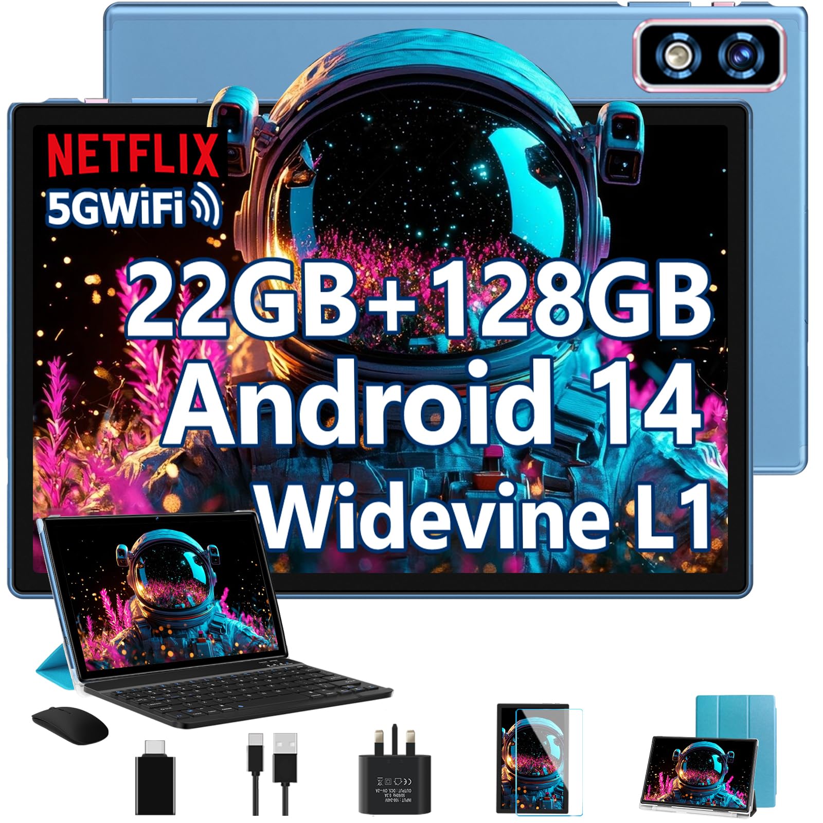 2025 Newest Tablet 10 Inch Android 14 Tablets, 22GB RAM+128GB ROM(TF 1TB), 8000mAh, 8-Core 2.0 GHz, 5G WiFi, Widevine L1, Netflix FHD, 8+5MP, GMS | BT5.0 | Face ID, Tablet with keyboard&Mouse, Blue