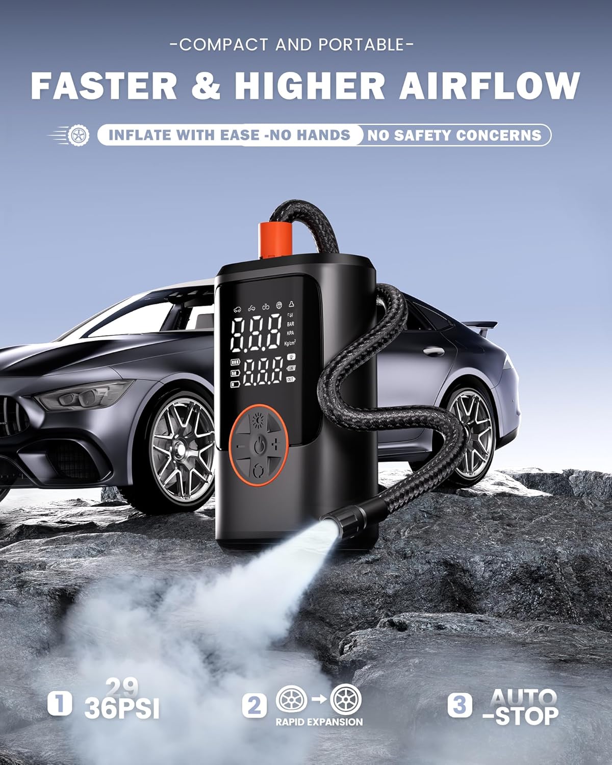 Tire Inflator Portable Air Compressor, 150 PSI Cordless Mini Bike Pump with LED Lights, Fast Inflation 25L/Min,12V DC Car Plug, 4 Preset Modes for Car, Bike, Motorcycle, Balls
