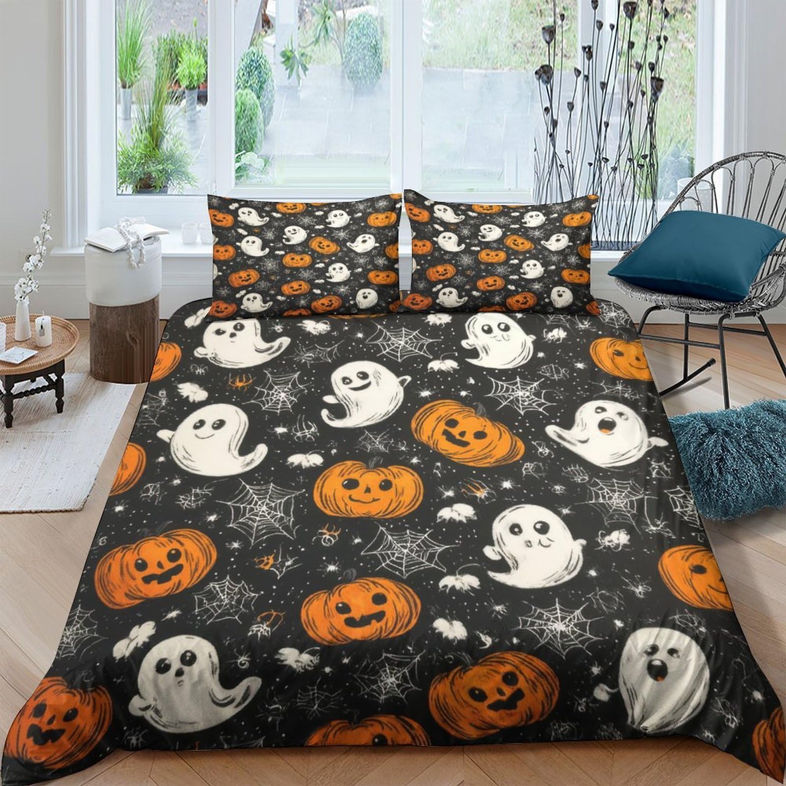 GPLZQXKJNH 3D Printed Halloween Ghost Pumpkin Duvet Cover Microfiber Soft Breathable Bedding Set with 2 Pillowcases for Bedroom Decor Single（135x200cm）