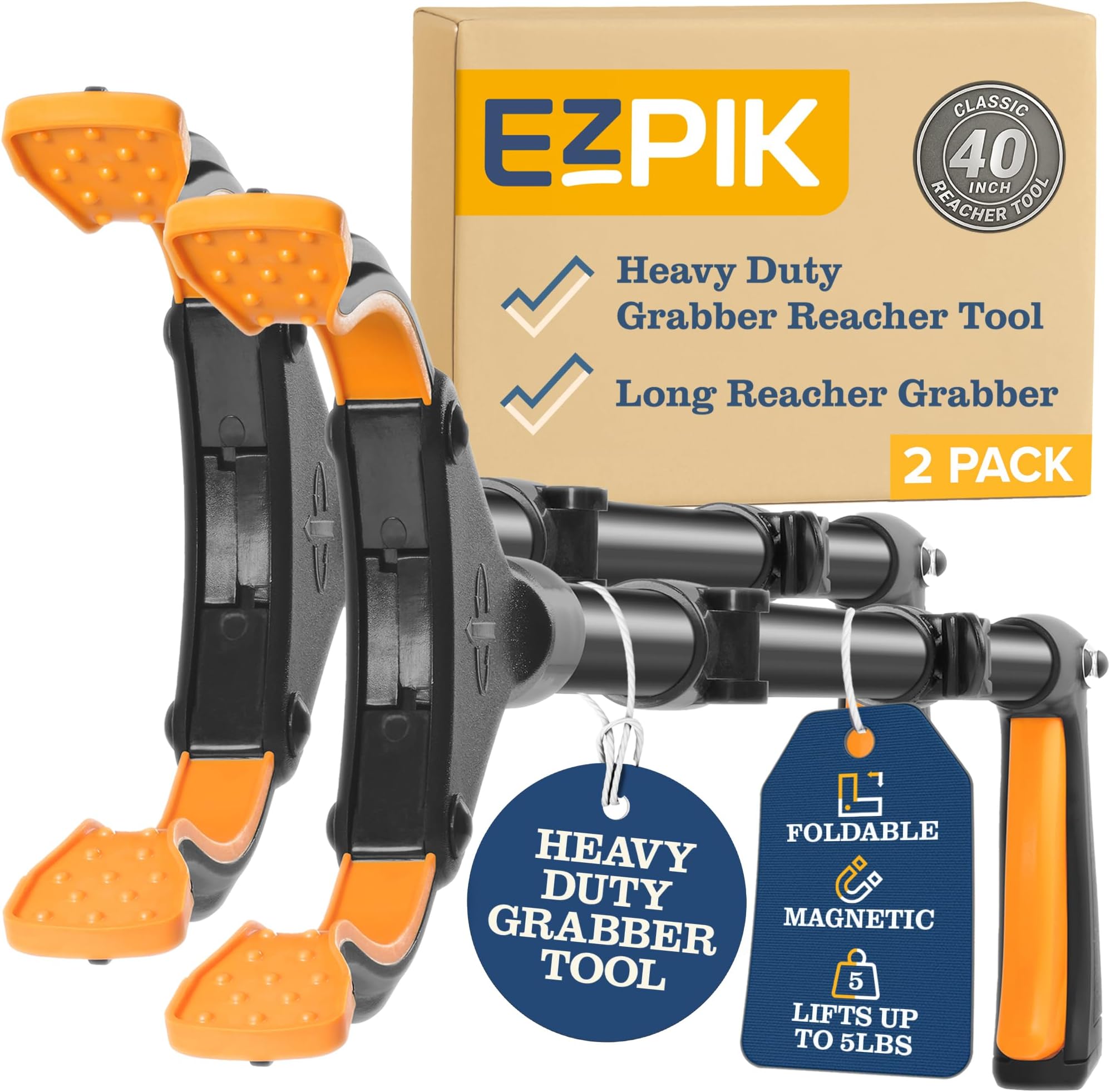 EZPIK Classic 40” Folding Grabber Reacher Tool with Dual Magnets, Heavy Duty Trash Picker Upper Grabber for Seniors & Disabled Users, Aluminum Pickup Tool for Everyday Reaching Aids (Black, 2 Pack)