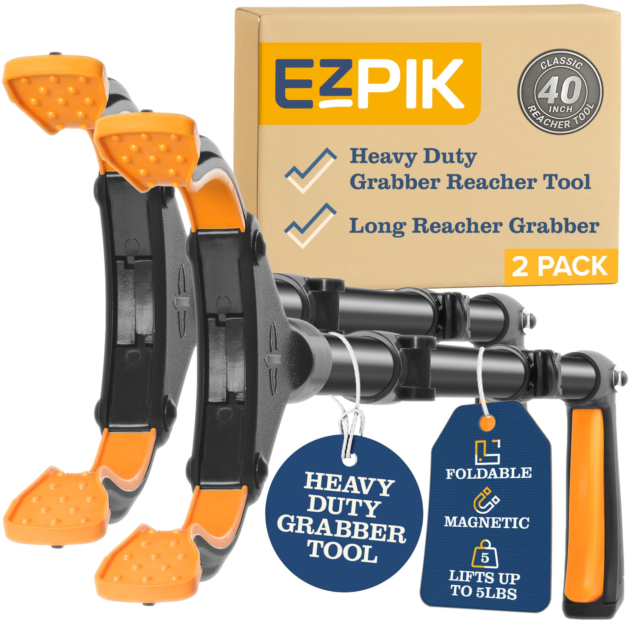 EZPIK Classic 40” Folding Grabber Reacher Tool with Dual Magnets, Heavy Duty Trash Picker Upper Grabber for Seniors &amp; Disabled Users, Aluminum Pickup Tool for Everyday Reaching Aids (Black, 2 Pack)
