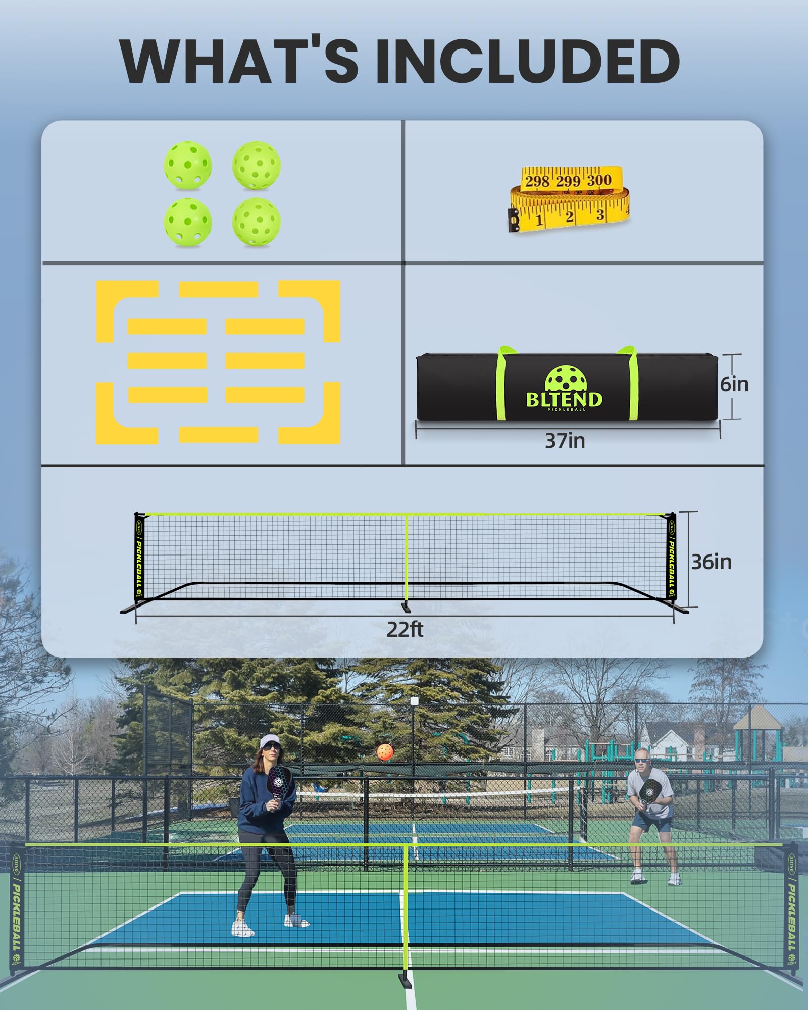 Bltend Pickleball-Netz, 7,6 m, tragbare Pickleball-Set mit Netz, 8 Pickle-Bälle, Court-Marker, Tragetasche und Maßband, Gurkenballnetz, Geschenke für Innen- und Außenbereich, Auffahrt