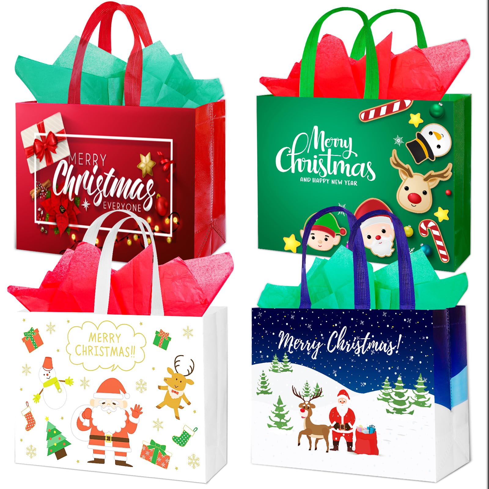 12 Pack Large Christmas Gift Bags - Reusable Christmas Tote Bags Non-Woven, Xmas Shopping Bags with Handles, for Christmas Treat Bags, Gifts Wrapping, Xmas Party Supplies 12.6'' X 9.8'' X 4.5''