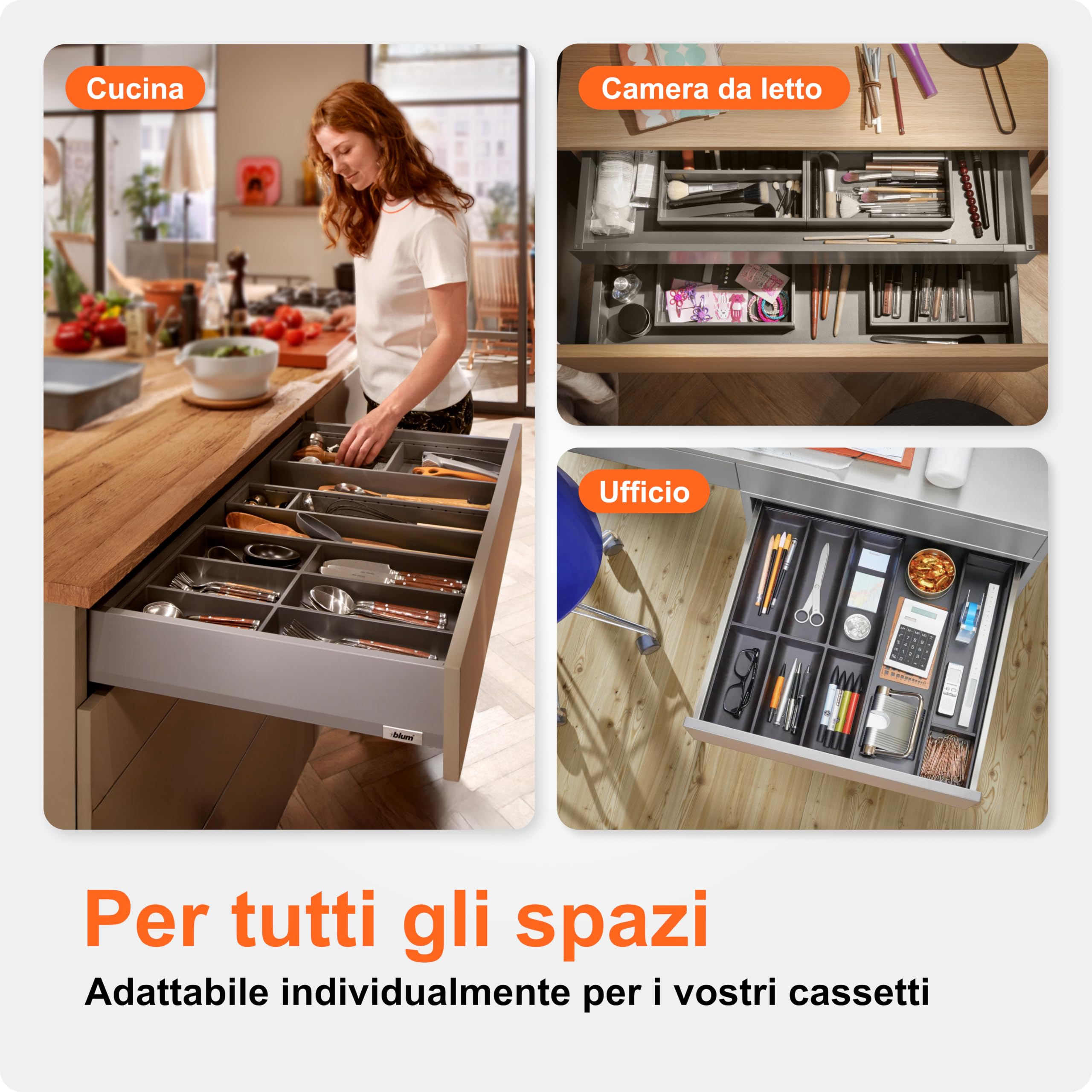 blum AMBIA-LINE portaposate Soft-Touch | organizer cassetto premium per cassetti e mobili da cucina moderni | protegge, ordina e organizza posate e utensili | 42×30×5 cm | Grigio Orion