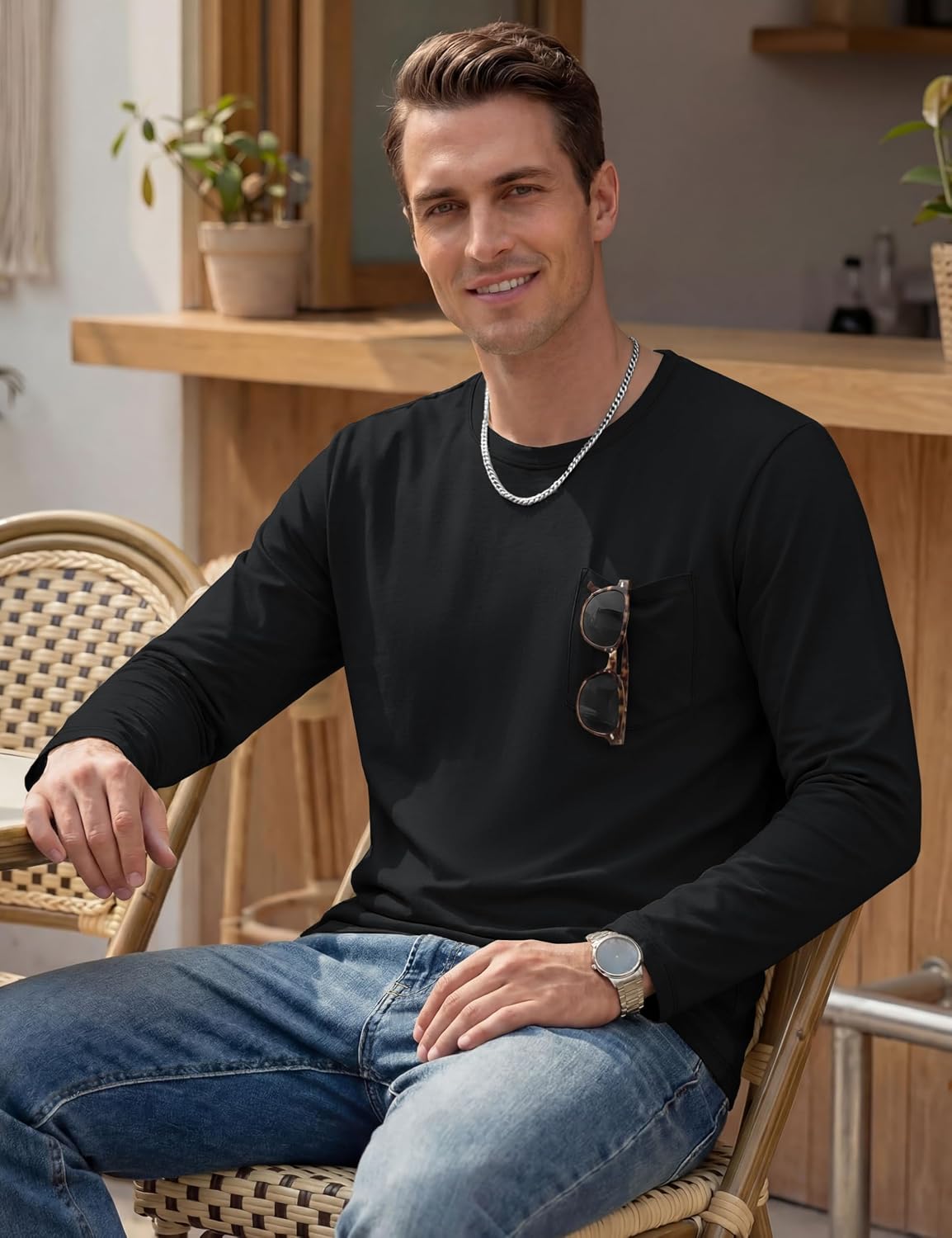 TACVASEN Mens Long Sleeve Tee Shirts Cotton Lightweight Casual Pocket Crew Neck Work T Shirts for All Season