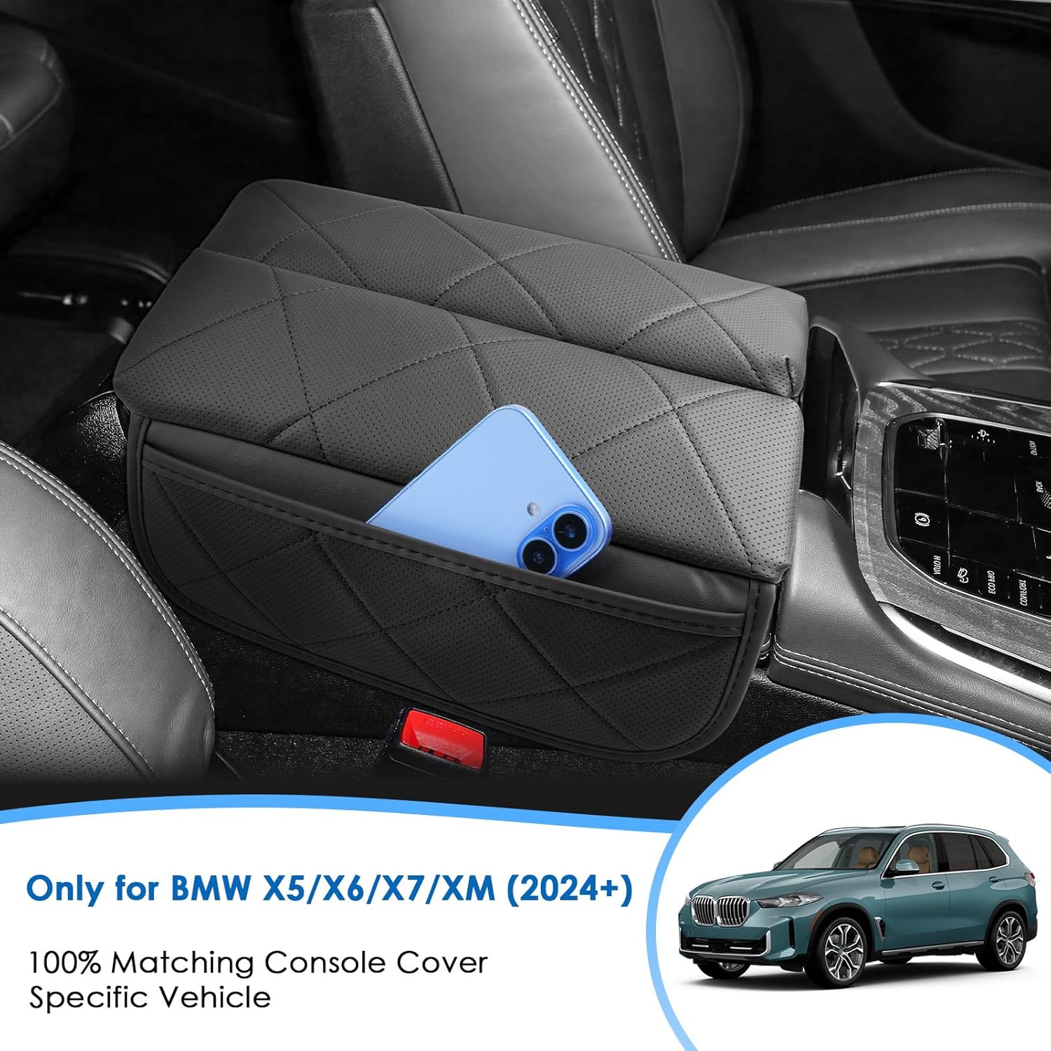 2024 2025 2026 X5/X6/X7/XM Center Console Cover for BMW Dual-Opening Center Console, Cushion&Comfy Leather Armrest Cover 2026 2025 X5 X6 X7 XM Accessories (Padded)