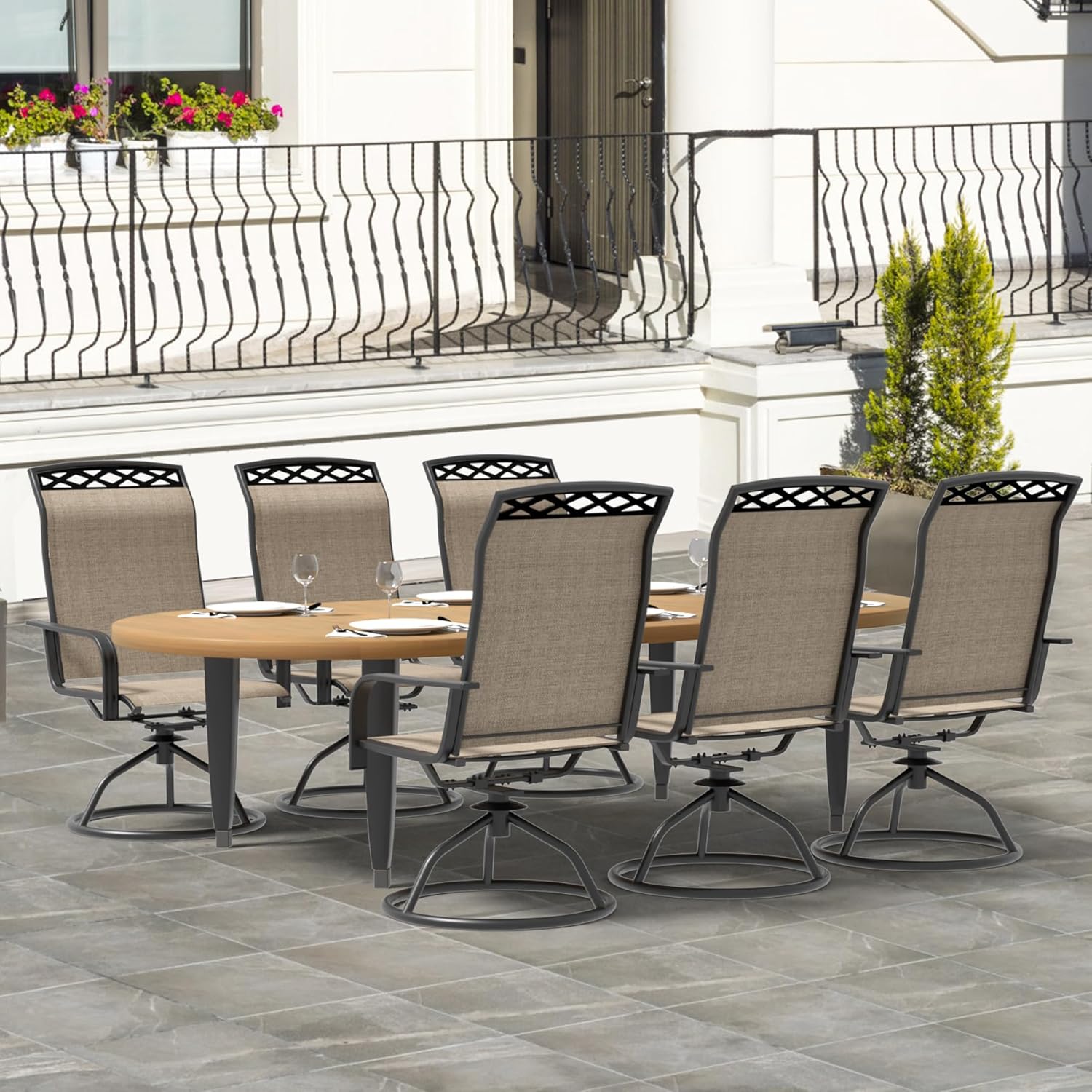 Patio Swivel Chair Set of 4, High Back Textilene Patio Chairs, Swivel Dining Chairs for Outdoor – 360° Swivel Rocker Chair, All-Weather Metal Frame for Porch, Garden, Deck, Poolside (Brown, 4-Piece)