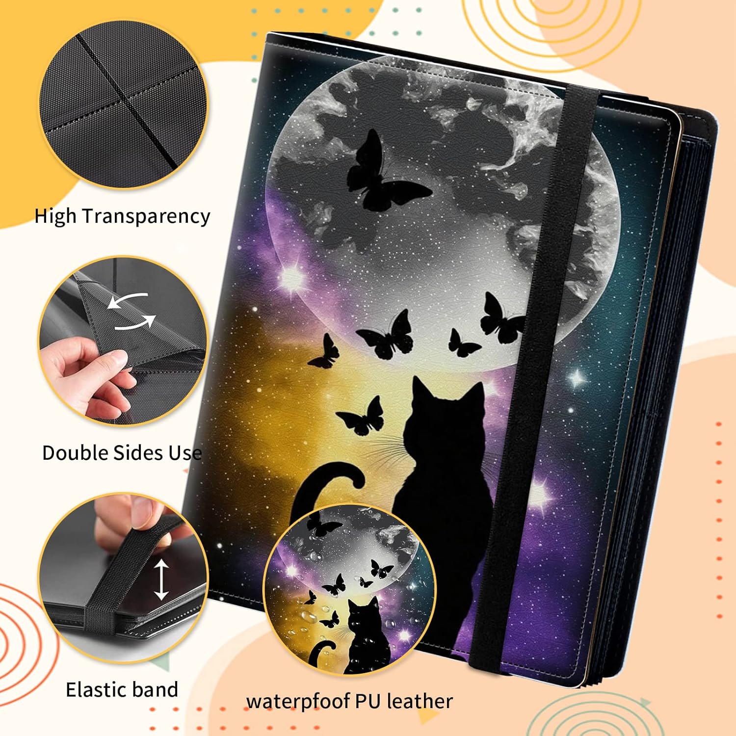 Card Binder for Pokemon Mtg Yugioh TCG Baseball Sports trading Cards Holder Binder Book 4-Pocket Sleeve Side Load 2160 Cards Collection Binder Album With Elastic Band-Black Cat Moon