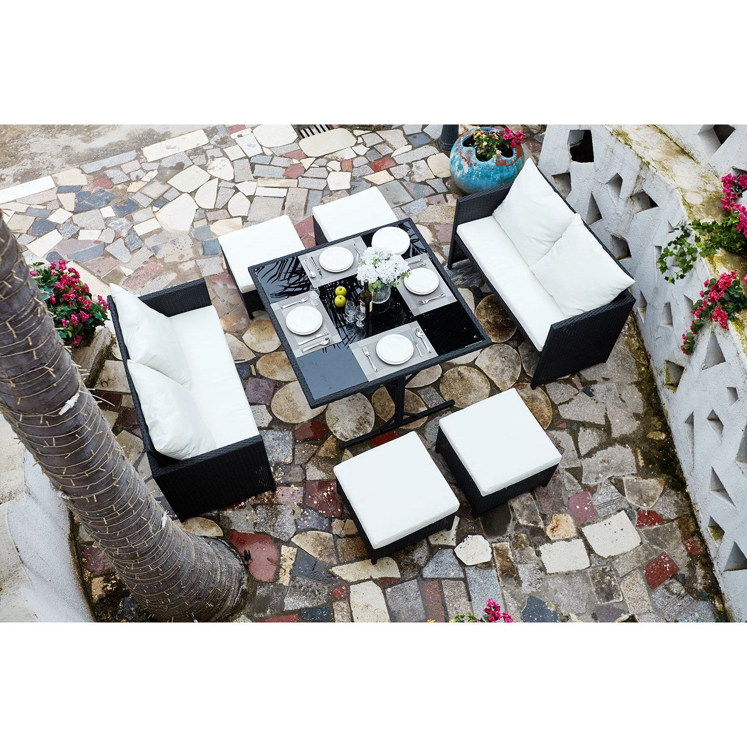 Concept-Usine | Numea Negro/Color Blanco: Salón de Jardín encastrable de Resina Trenzada 8 Personas
