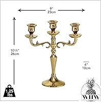 Vista 3 de Hamptons - Candelabro dorado de tres brazos, hecho a mano de aluminio, 10.25 pulgadas de alto, peso nulo