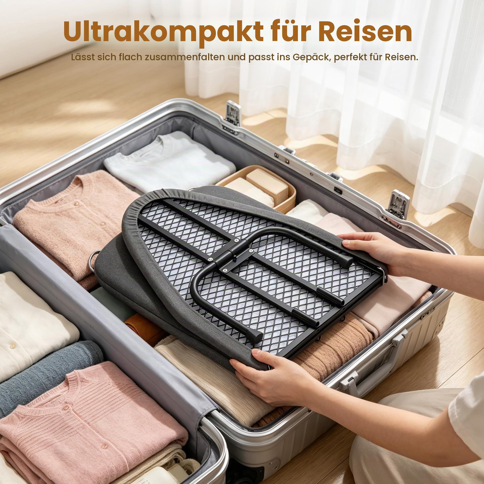 Kleines faltbares Bügelbrett mit Ärmelbrett, Klappbares Tisch-Bügelbrett mit Bügeleisenablage, rutschfeste Füße, Haken, Baumwollbezug, Tragbares Bügelbrettbezüge für Reise, 76x31 cm