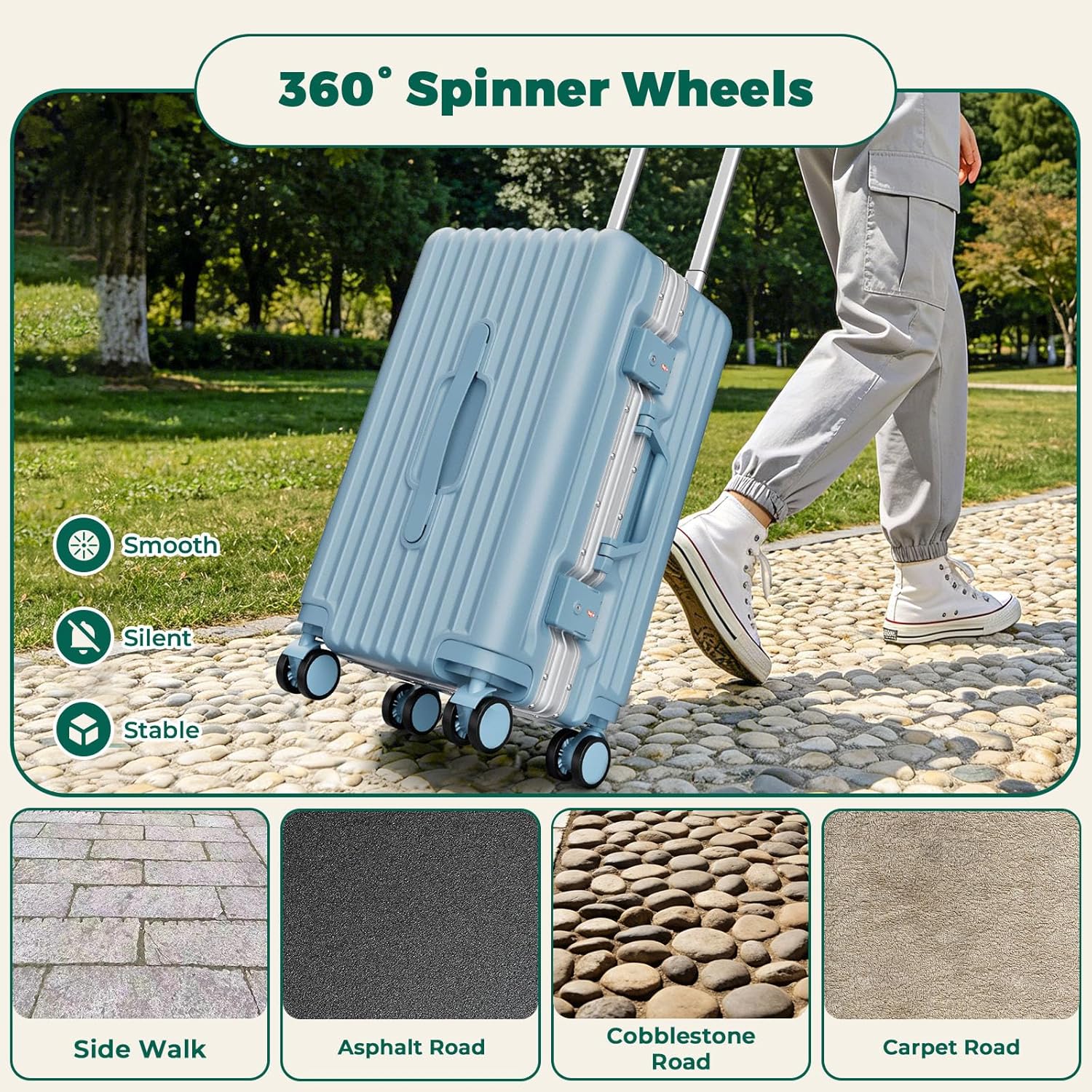 20 Inch Carry On Luggage, Aluminum Frame PC Hard Shell Suitcase with Charging Port & Cup Holder, Airline Approved TSA Lock & 360° Spinner Wheels for Travel and Business Travel