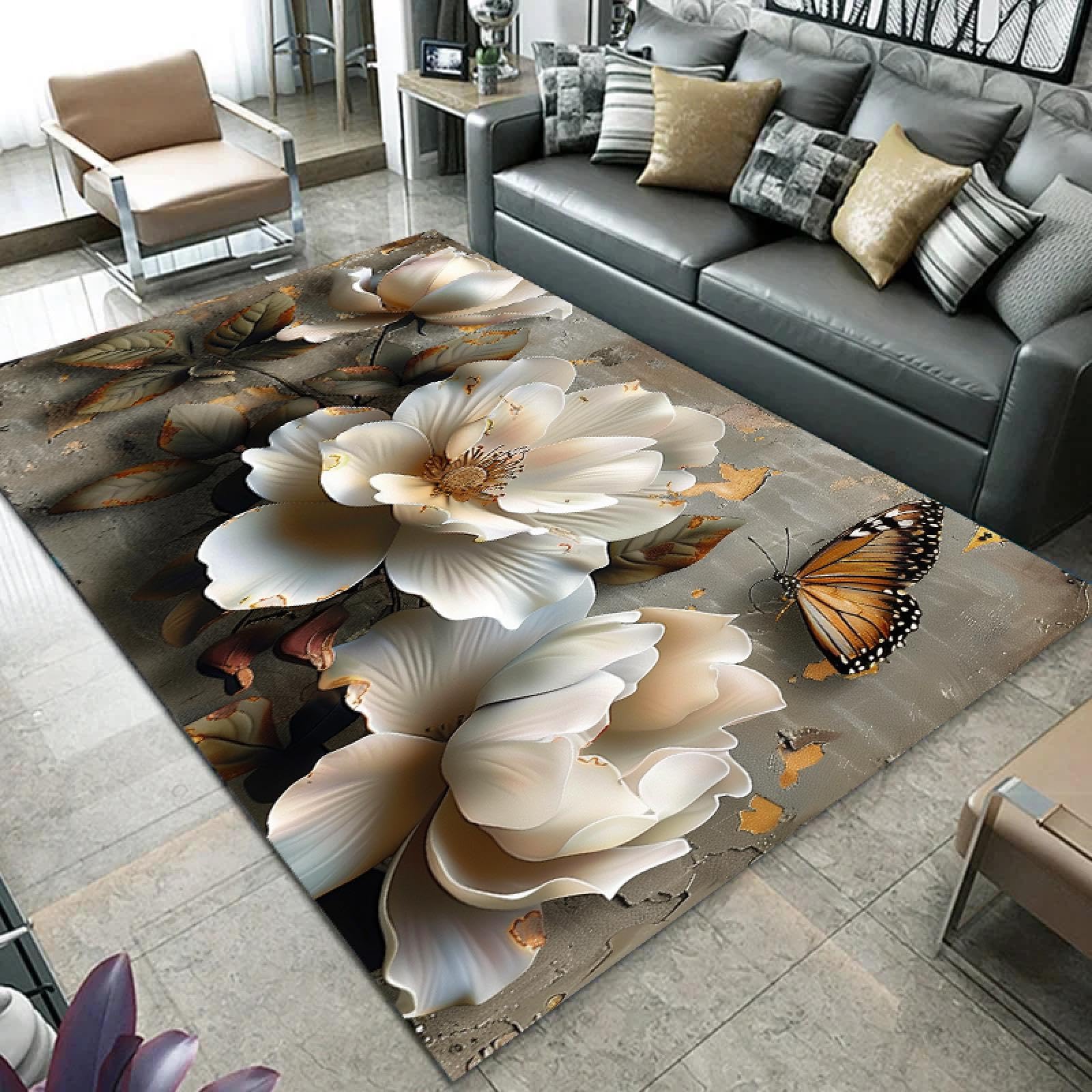 Alfombra de suelo antideslizante con diseño de flores retro