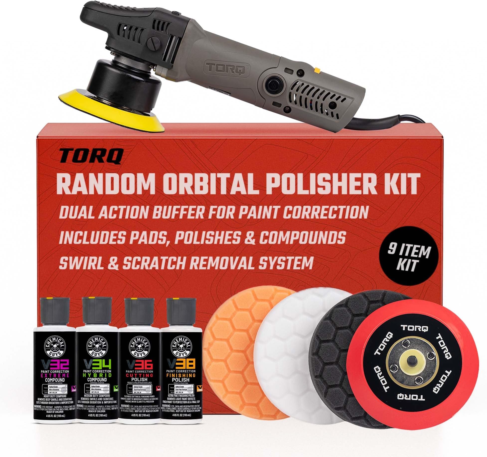 Chemical Guys TORQX Random Orbital Polisher, Pads, Polishes, and Compounds Kit - Car Polishing Kit Safe for Trucks, SUVs, Motorcycles, and More, 700W Motor, 8mm Orbit, 9-Piece Set