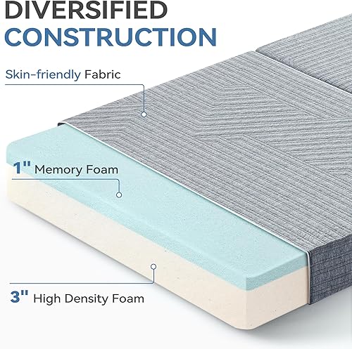 Miniatura 4 de BDEUS Colchón de espuma viscoelástica de tres pliegues de 4 pulgadas, cama portátil tamaño individual, tapete plegable para adultos y niños, funda