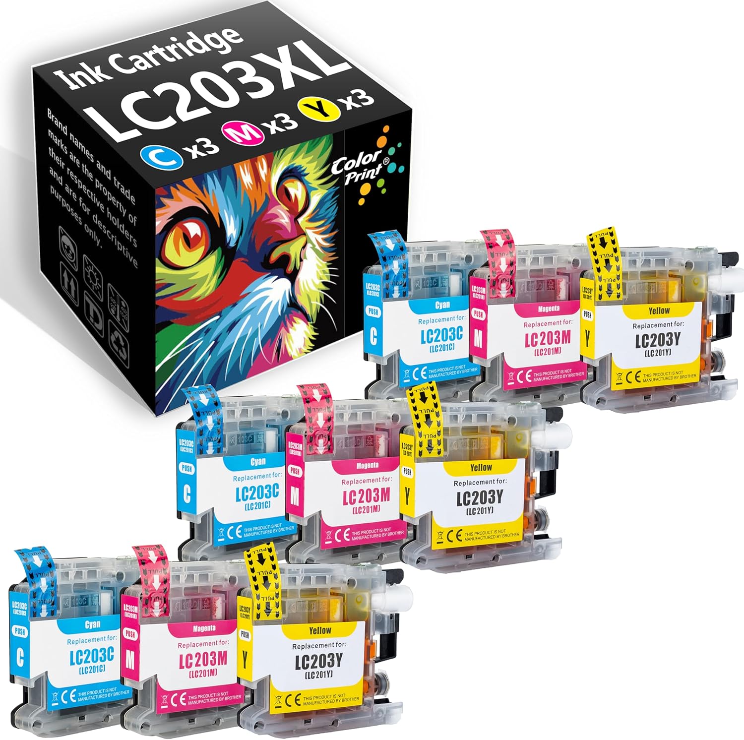 Compatible Ink Cartridge Replacement for Brother LC203 XL LC-203 LC201 LC-201, Yellow, Magenta, Cyan, 9 Pack