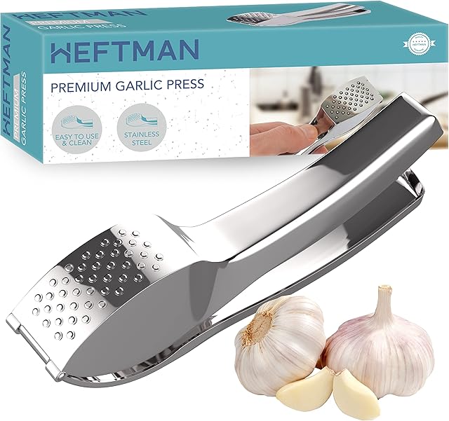 HEFTMAN Stainless Steel Garlic Press - Premium Garlic Crusher Press, Effortlessly Crush Ginger and Multiple Cloves of Garlic (No Need to Peel), Strong, Durable Garlic Mincer - Easy to Use & Clean