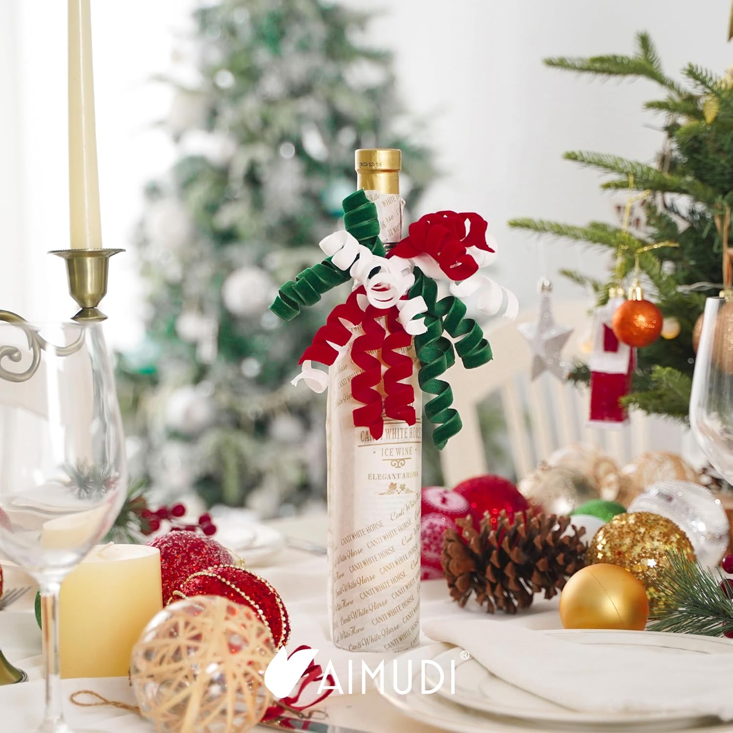 AIMUDI Curly Bows for Gift Wrapping 6.5'' Christmas Gift Bows White Green and Red Velvet Burst Bows Self Adhesive Bows for Treats Presents Crafts Christmas Party Favors, 8 PCs - Image 9