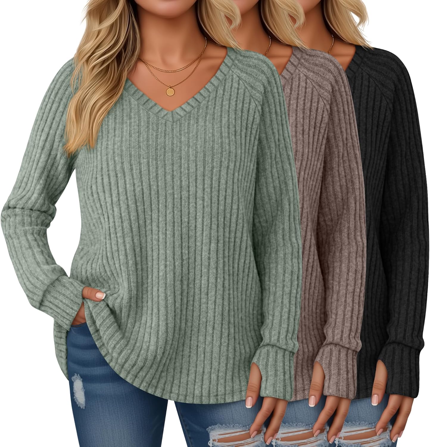 3 Pack Women's Plus Size Sweaters Long Sleeve Shirts Tunic with Thumb Holes Ribbed V Neck Casual Loose Fit Fall Top