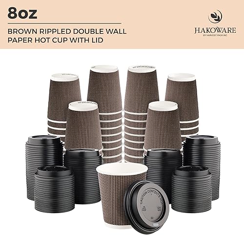 Miniatura 7 de Paquete de 150 tazas de café desechables de 8 onzas, taza de papel de doble pared con tapa, diseño geométrico marrón, té bebidas de chocolate